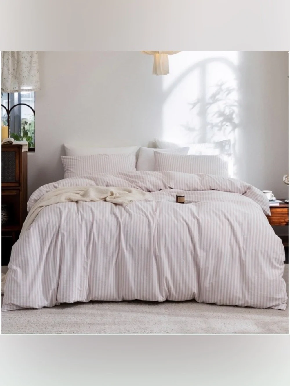 FULL SIZE Striped Duvet Set 3Pc. 100% Washed Cotton - GRAYISH PINK